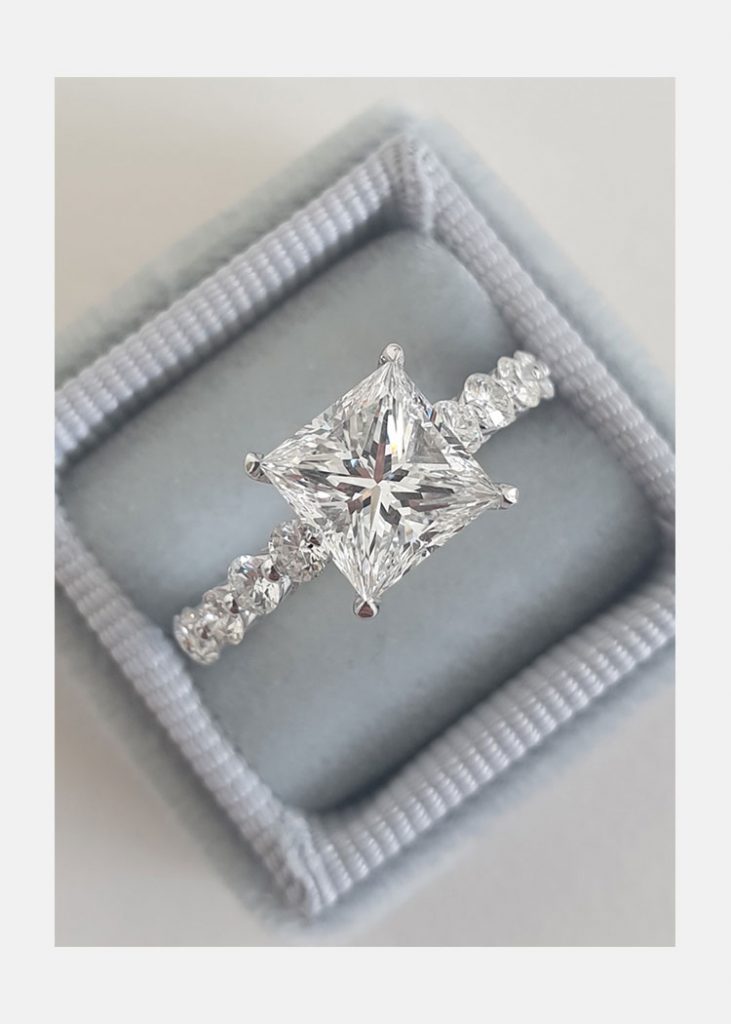 2.0ct Princess Cut Bubble Pave Moissanite Diamond Engagement Ring in 14K White Gold 