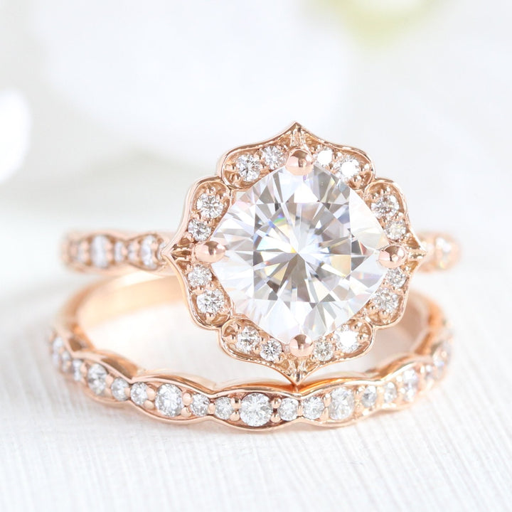 Round Floral moissanite with bridal band set 14k in rose gold
