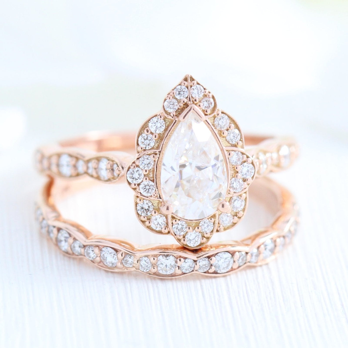 Pear floral moissanite bridal set 14k in rose gold