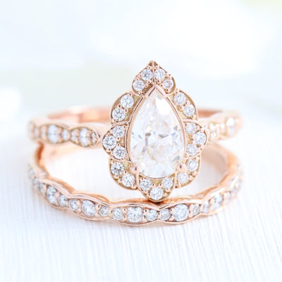Pear floral moissanite bridal set 14k in rose gold