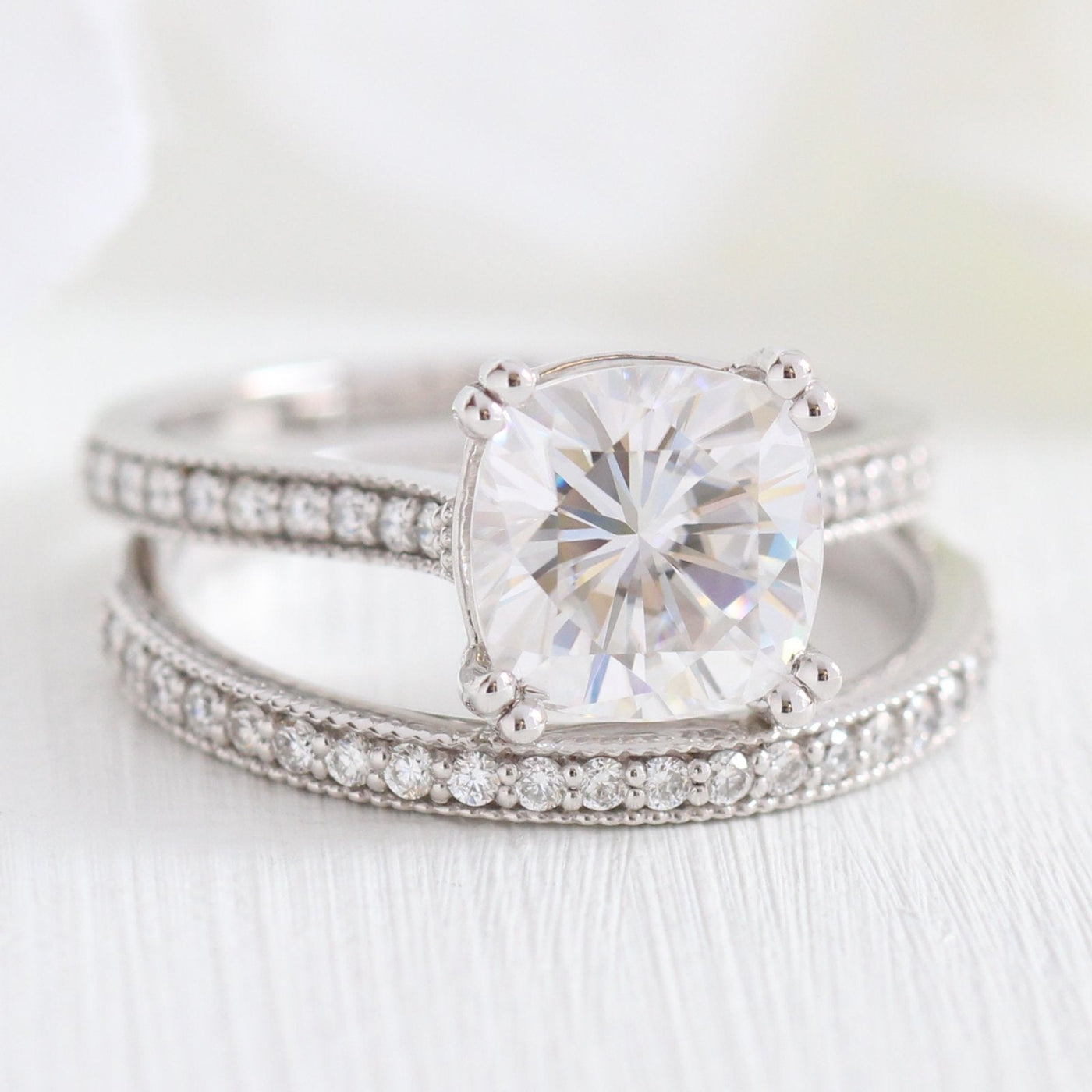 Solitaire Cushion Moissanite Ring With Milgrain Diamond Band