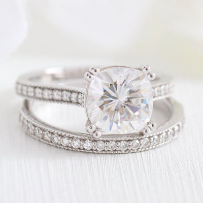 Solitaire Cushion Moissanite Ring With Milgrain Diamond Band