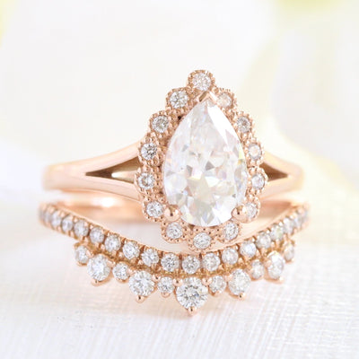 Pear Cut Halo Moissanite Ring With Crown Diamond Band