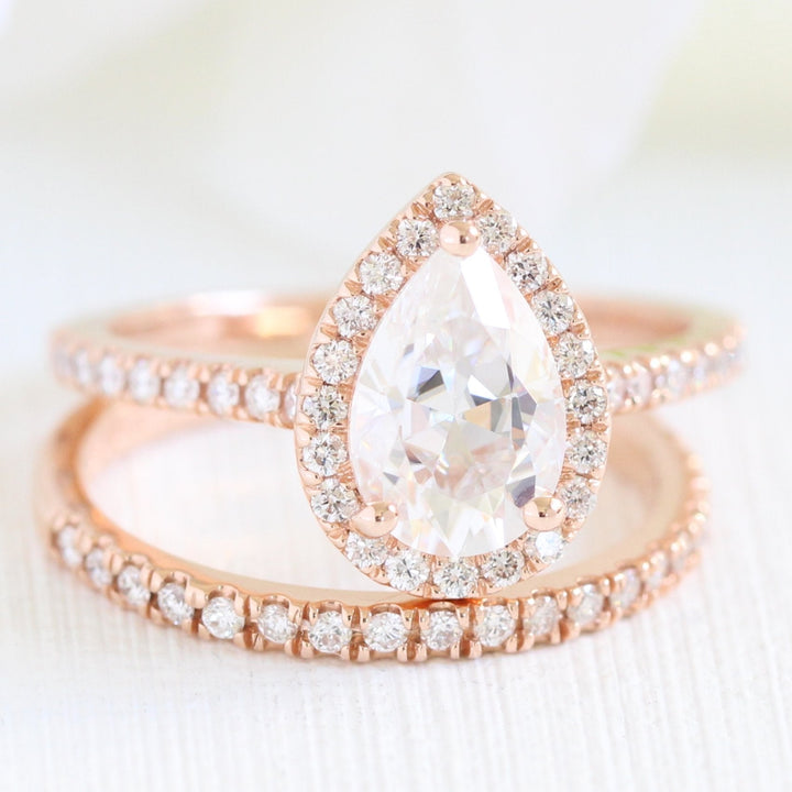 Pear Cut Halo Pave Ring With Diamond Wedding Band