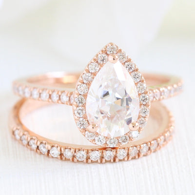 Pear Cut Halo Pave Ring With Diamond Wedding Band