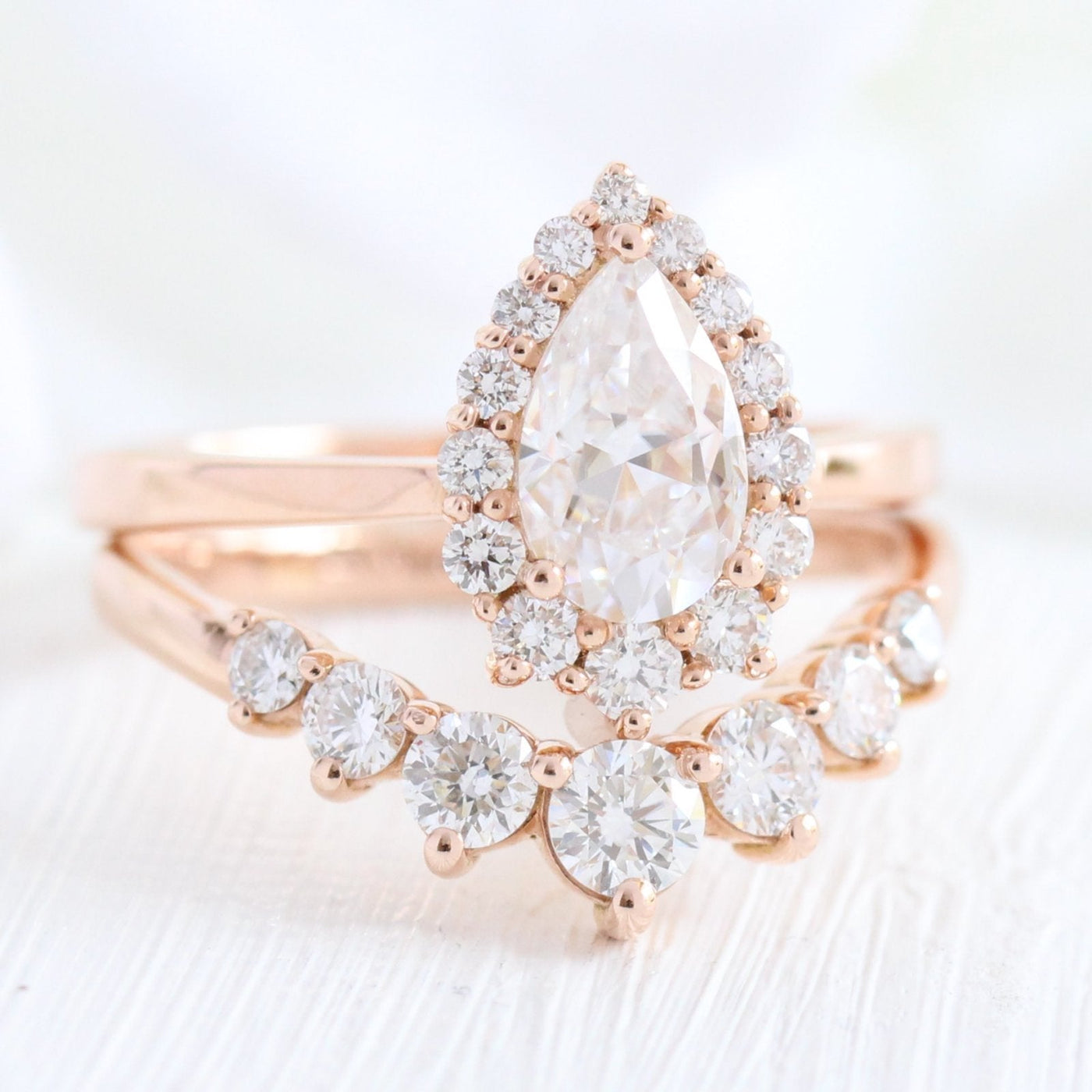 Pear cut moissanite with halo bridal band set 14k in rose gold
