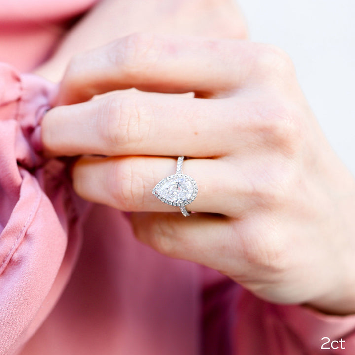 2.0CT Pear Cut Moissanite Halo Pave Diamond Engagement Ring