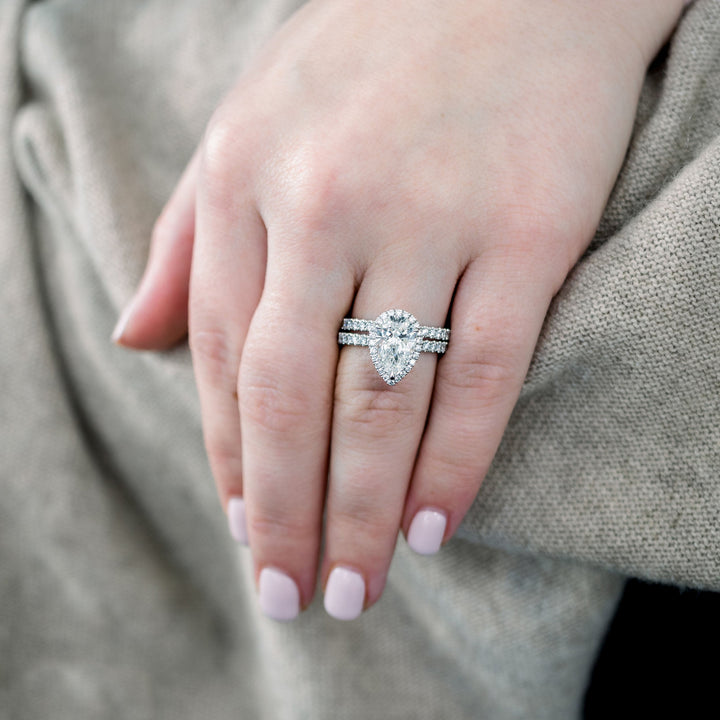 2.0CT Pear Cut Moissanite Halo Pave Diamond Engagement Ring