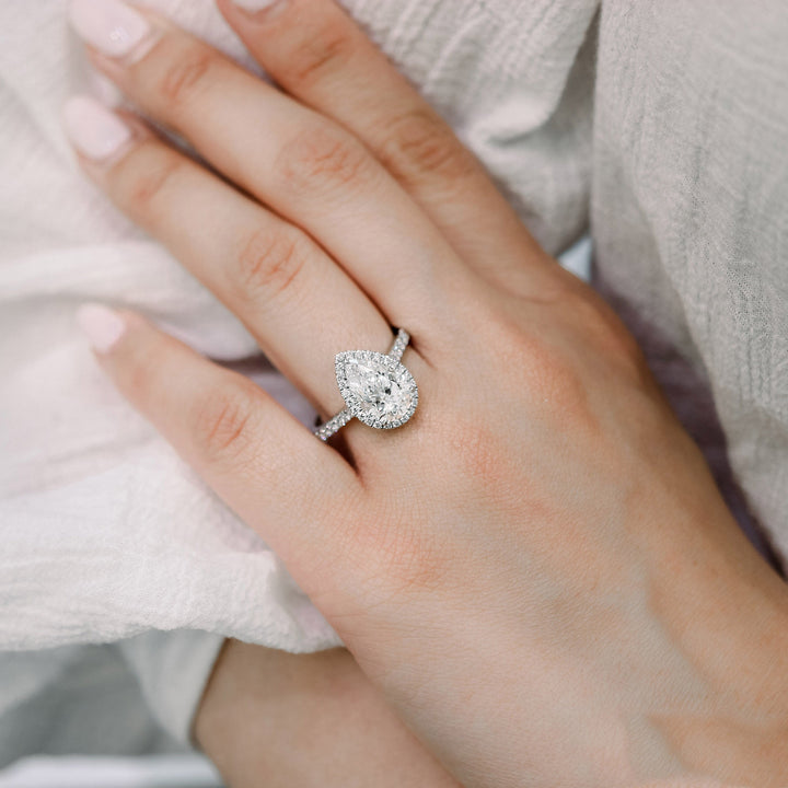 2.0CT Pear Cut Moissanite Halo Pave Diamond Engagement Ring
