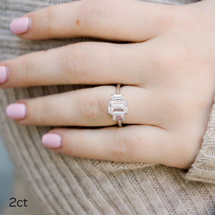 3.0CT Emerald Cut Moissanite Three Stone Diamond Engagement Ring