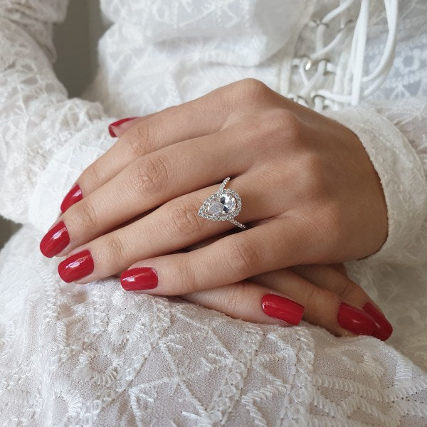 2.10CT Pear Diamond Halo Moissanite Engagement Ring