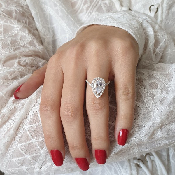 2.10CT Pear Diamond Halo Moissanite Engagement Ring