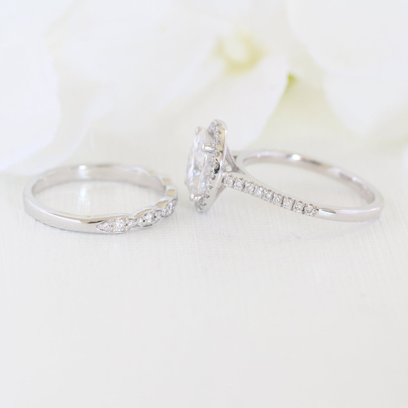 Oval Halo Pave Moissanite Ring With Scalloped Diamond Band