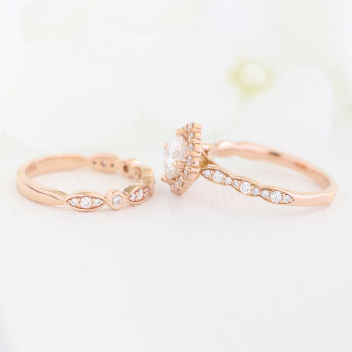 Cushion cut moissanite with halo bridal band set 14k in rose gold