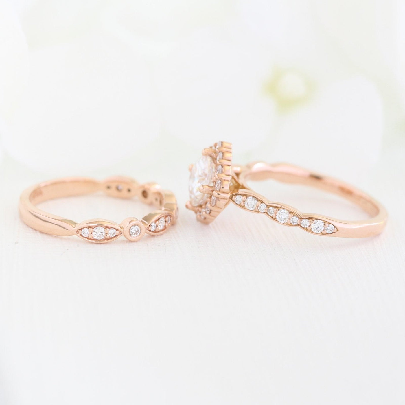 Cushion cut moissanite with halo bridal band set 14k in rose gold