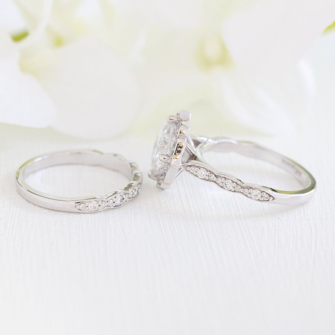 Cushion Cut Vintage Floral Moissanite Ring With Scalloped Diamond Band