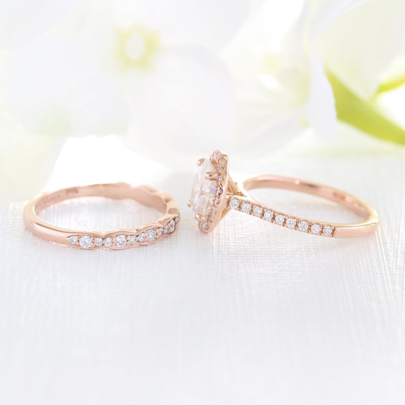 Oval Halo Pave Moissanite Ring With Scalloped Diamond Band