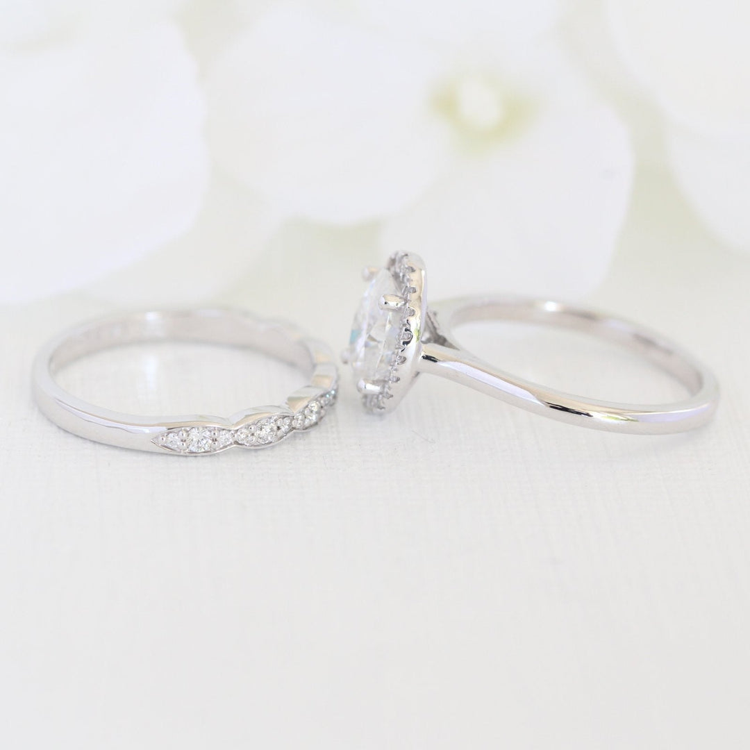 Oval Cut Halo Moissanite Ring With Scalloped Diamond Band Ring