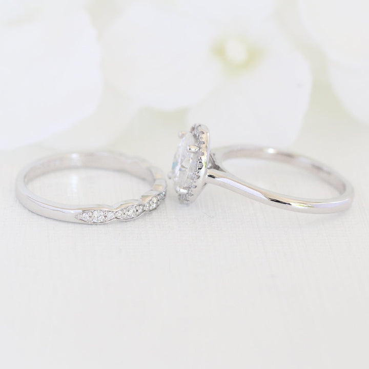 Oval Cut Halo Moissanite Ring With Scalloped Diamond Band Ring