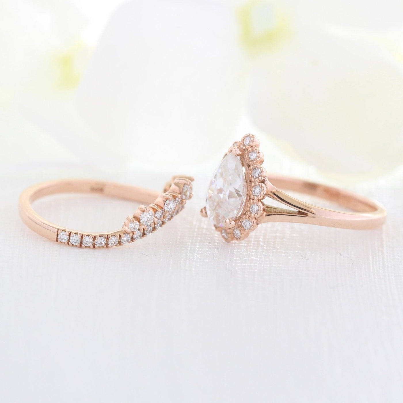 Pear Cut Halo Moissanite Ring With Crown Diamond Band