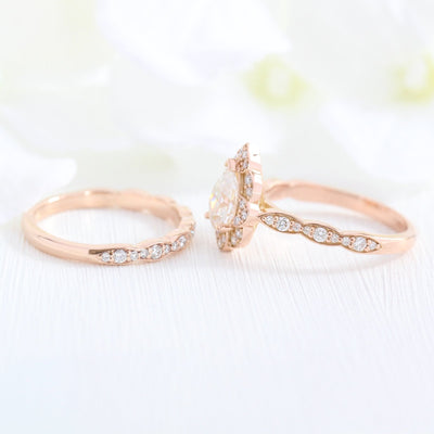 Pear floral moissanite bridal set 14k in rose gold