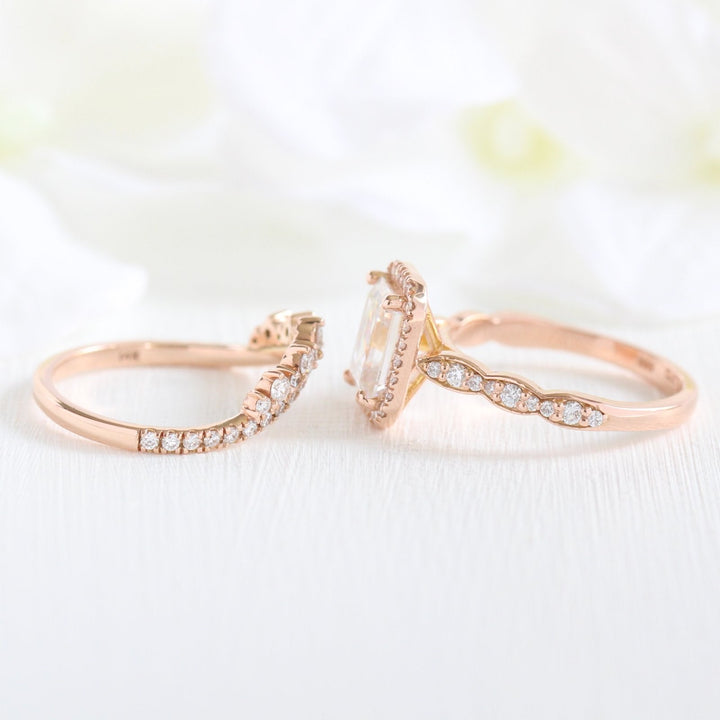 Emerald Cut Moissanite Ring With Crown Diamond Band Ring