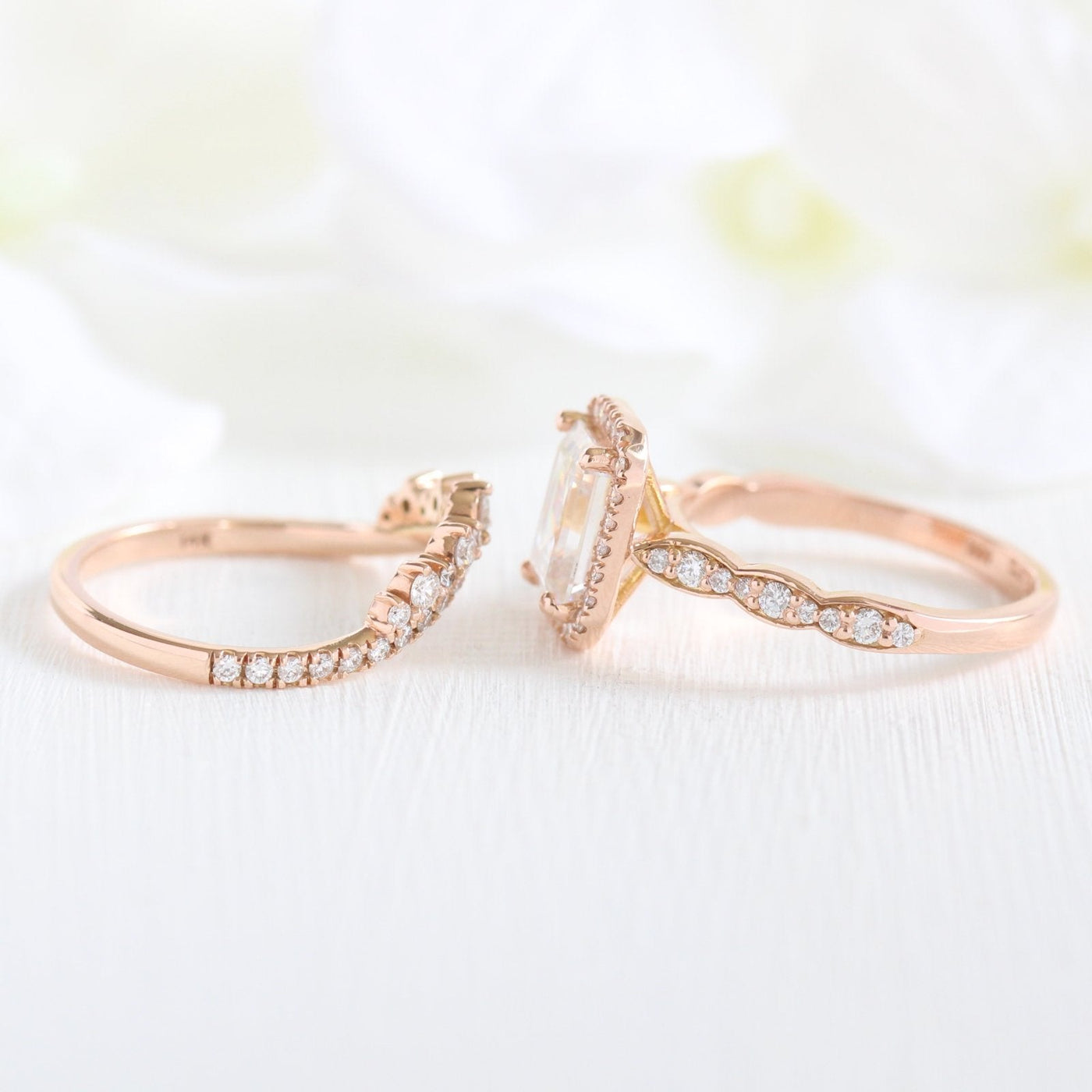 Emerald Cut Moissanite Ring With Crown Diamond Band Ring