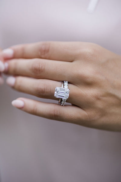 5.0CT Emerald Cut Hidden Halo Moissanite Diamond Engagement Ring