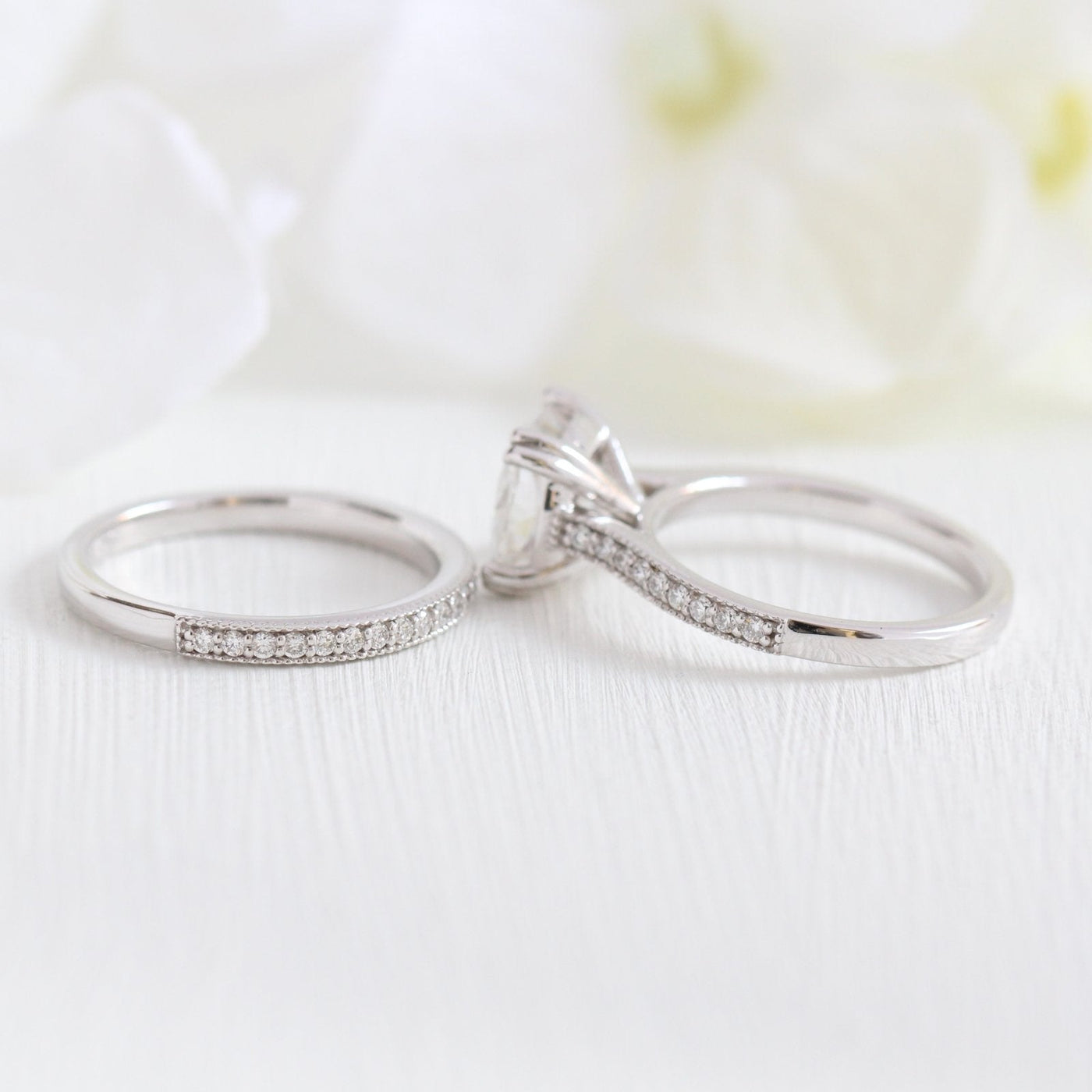 Solitaire Cushion Moissanite Ring With Milgrain Diamond Band