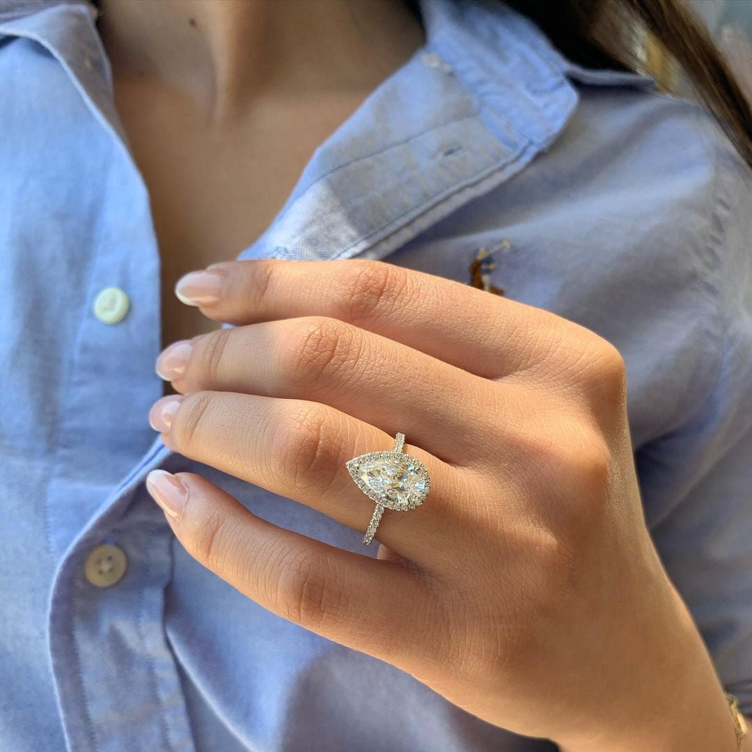 1.50CT Pear Cut Round Halo 3 Prongs Moissanite Engagement Ring