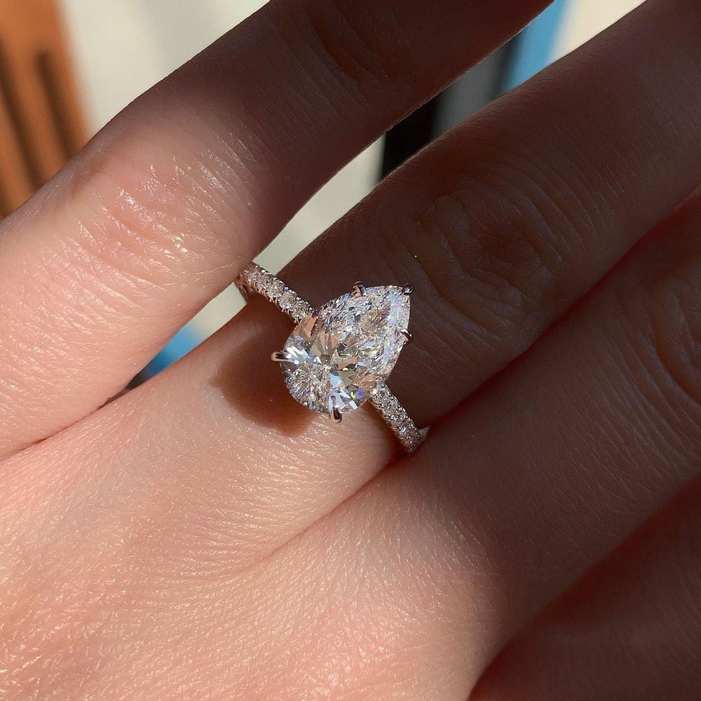 0.94CT Pear Cut Five Prongs Moissanite Pave Diamond Engagement Ring