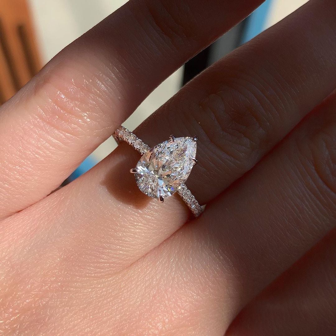 0.94CT Pear Cut Five Prongs Moissanite Pave Diamond Engagement Ring