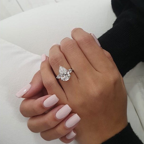 4.0ct Pear Cut Three Stone Moissanite Diamond Engagement Ring in 14K Gold