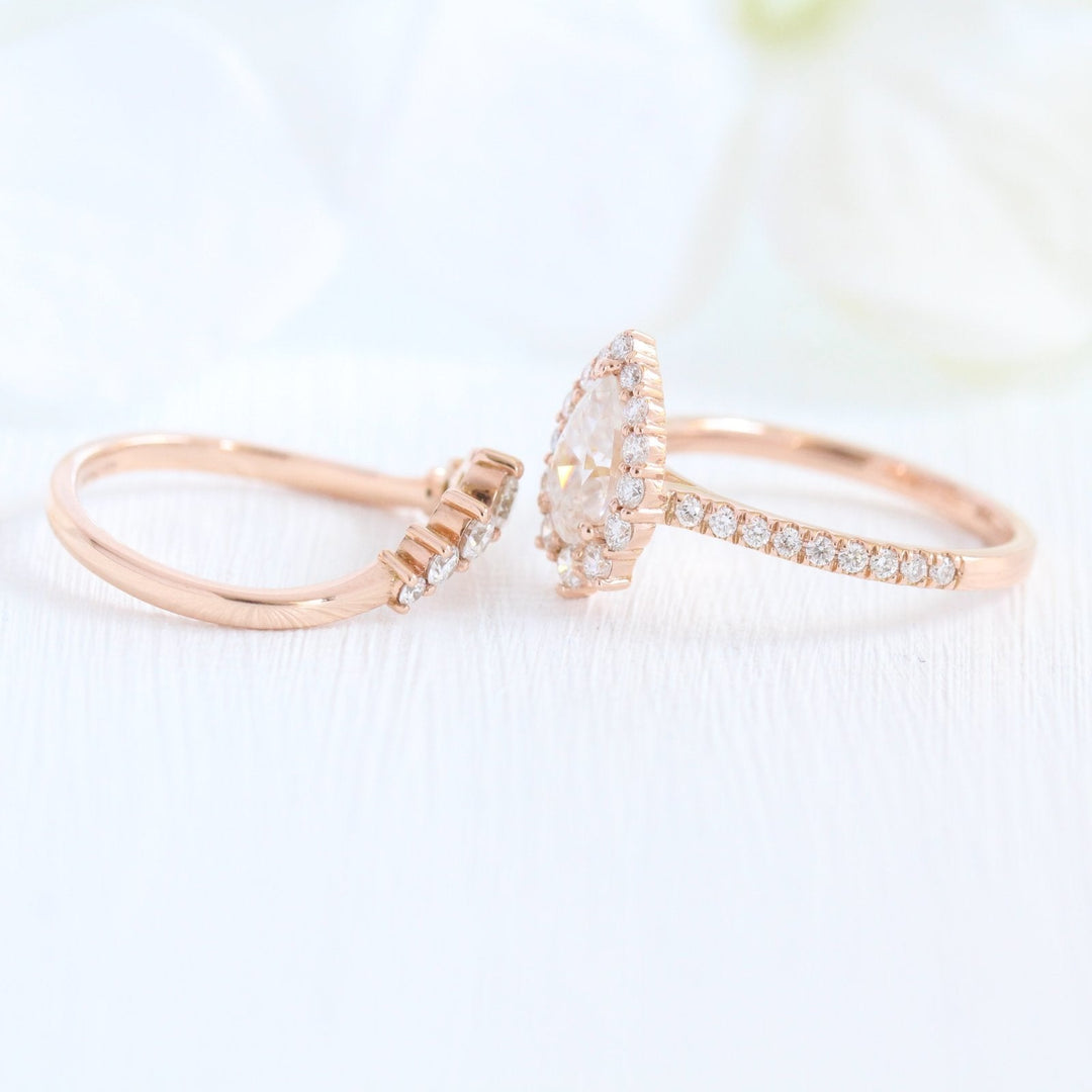 Pear cut moissanite with halo bridal band set 14k in rose gold