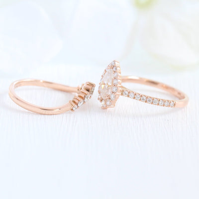Pear cut moissanite with halo bridal band set 14k in rose gold
