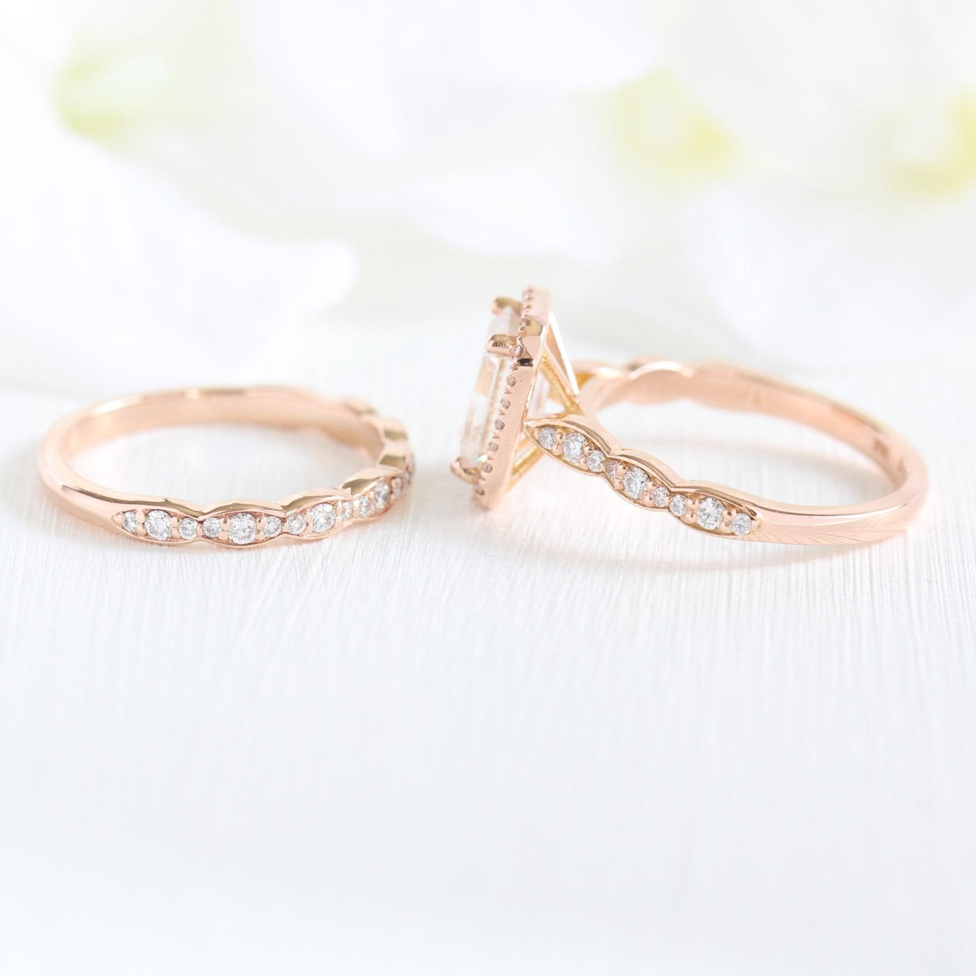 1.60ct Emerald Cut Moissanite Halo Engagement Ring with Match Wedding Band