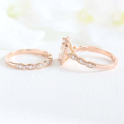 1.60ct Emerald Cut Moissanite Halo Engagement Ring with Match Wedding Band