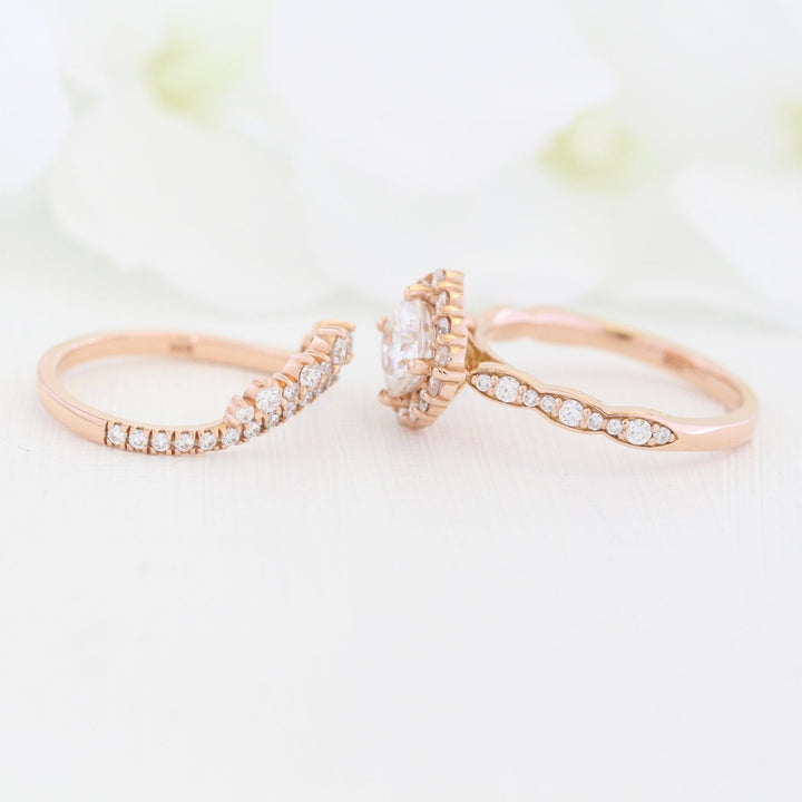 Cushion Cut Halo Ring in Scalloped Band With Crown Diamond Band Ring