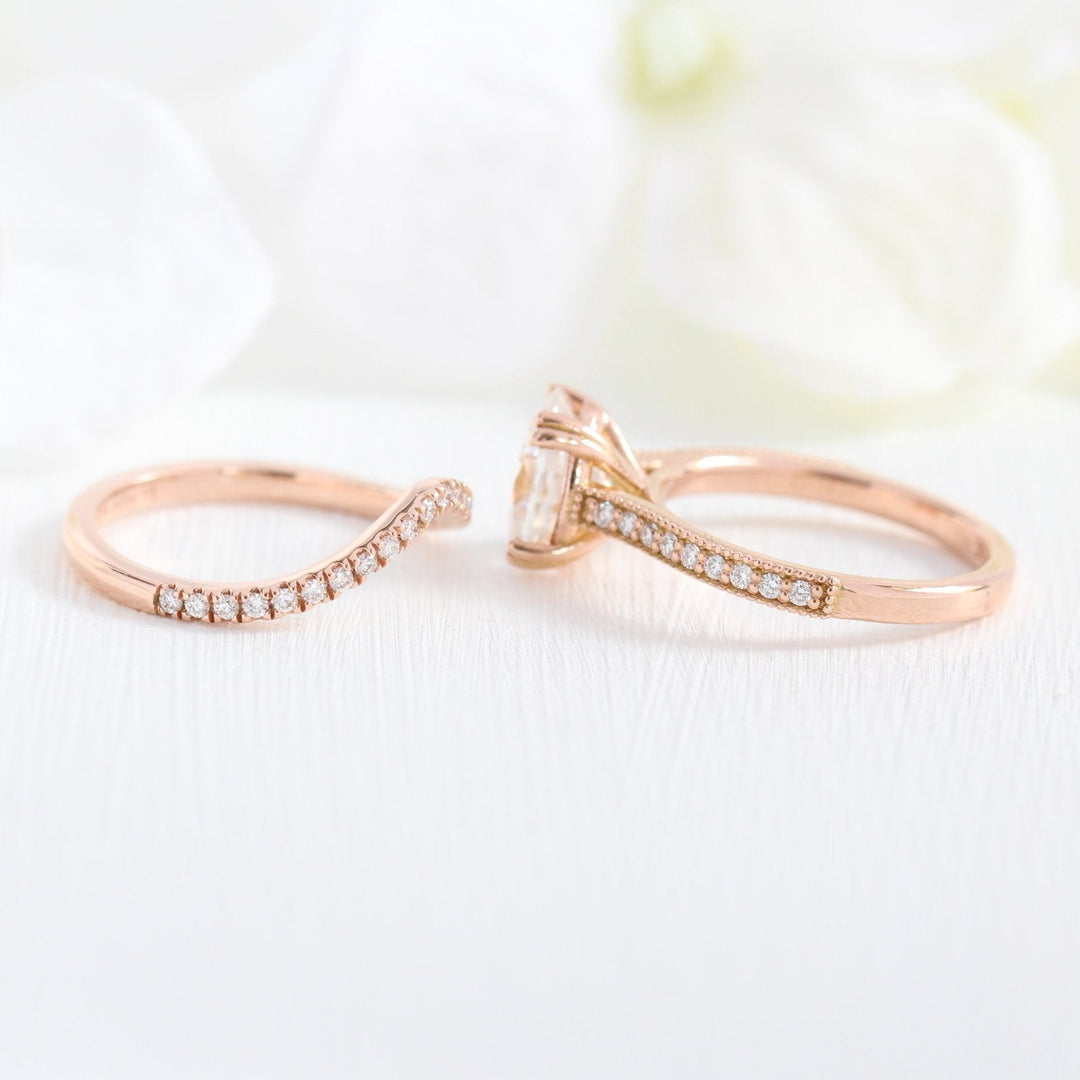 2.0ct Oval Cut Moissanite Cathedral Set Ring With U Shape Wedding Band