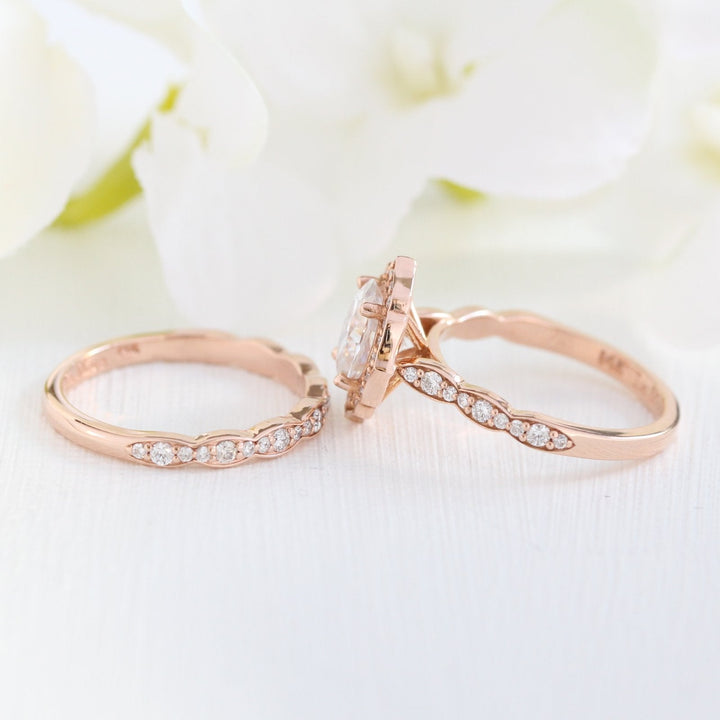 Oval cut moissanite with halo bridal band set 14k in rose gold
