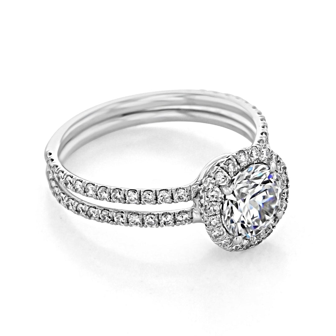 1.0ct Round Cut Halo Double Shank Moissanite Engagement Ring