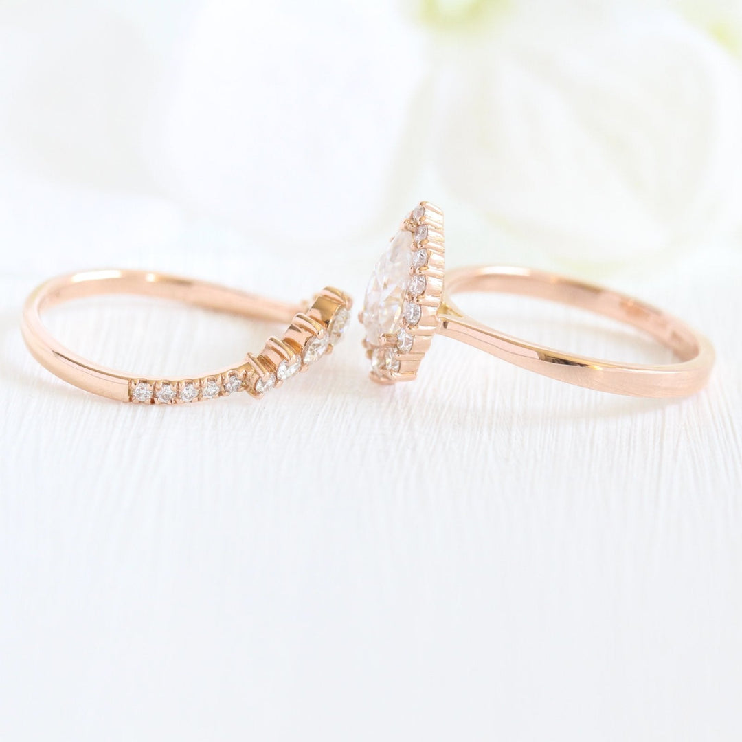 Pear cut moissanite with halo bridal band set 14k in rose gold