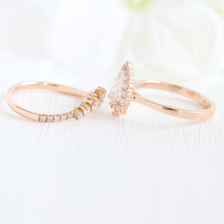 Pear cut moissanite with halo bridal band set 14k in rose gold