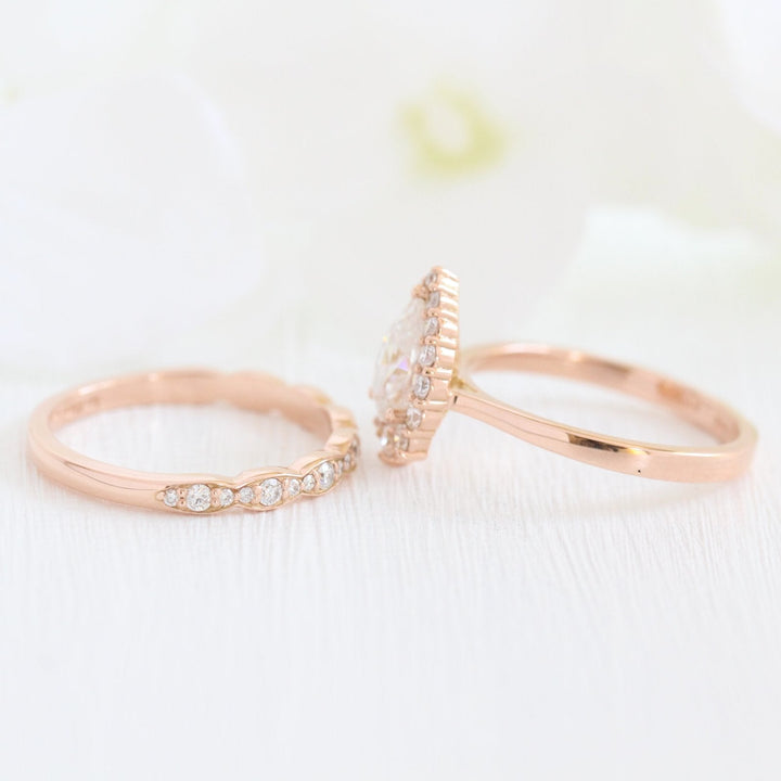 Tiara Halo Bridal Set With Pear Moissanite and Scalloped Diamond Band