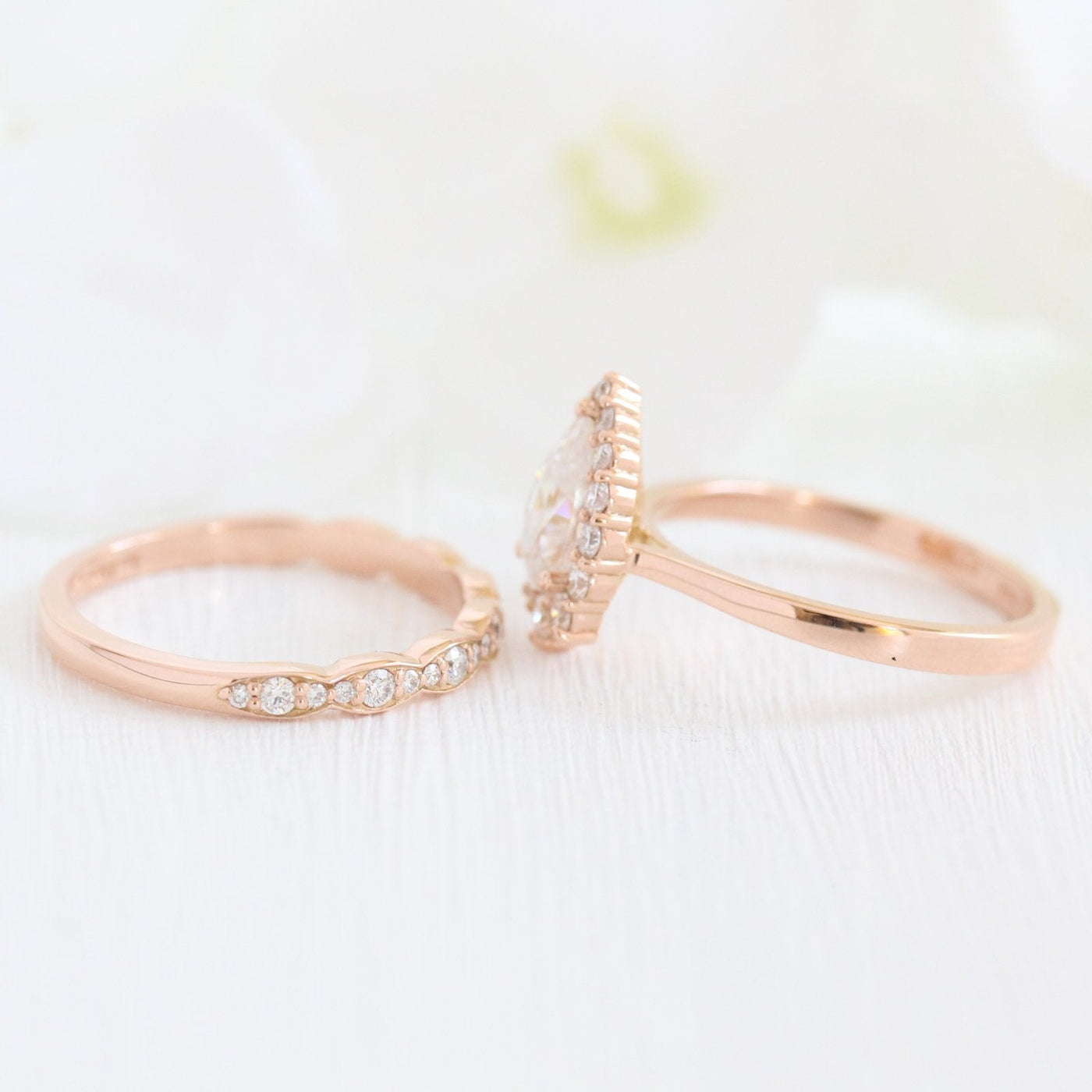 Tiara Halo Bridal Set With Pear Moissanite and Scalloped Diamond Band