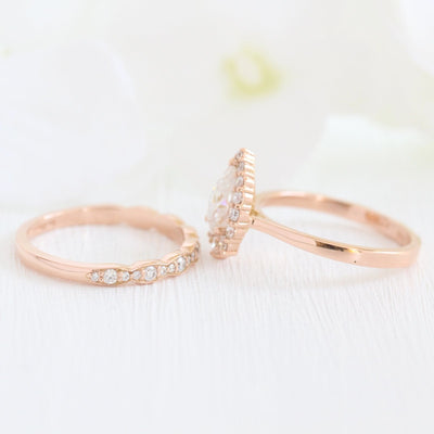 Tiara Halo Bridal Set With Pear Moissanite and Scalloped Diamond Band