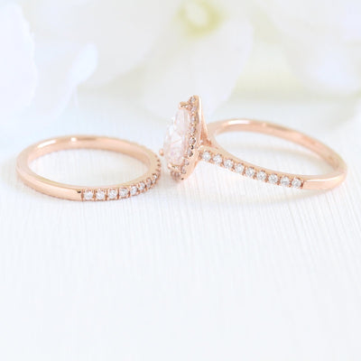 Pear Cut Halo Pave Ring With Diamond Wedding Band