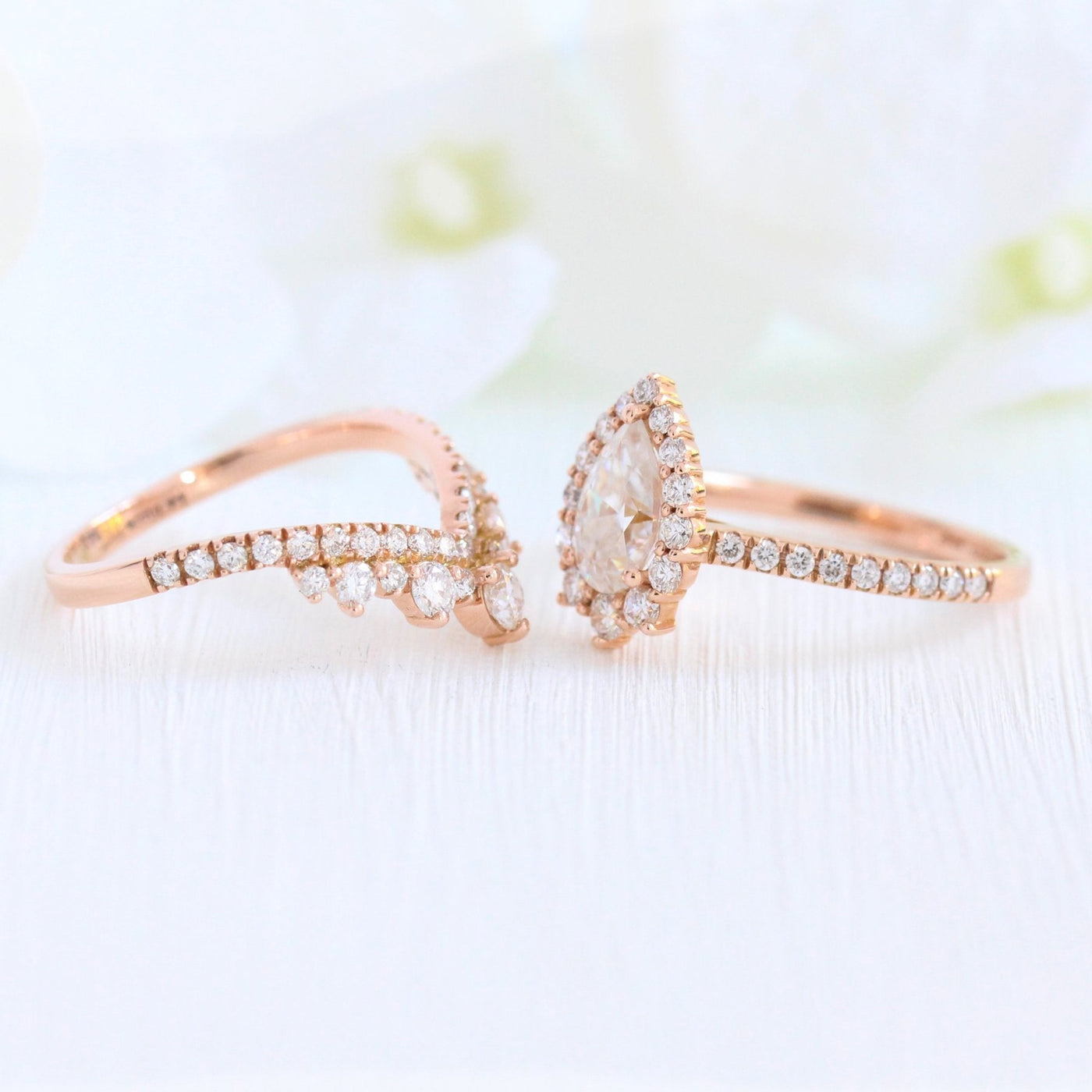 Tiara Halo Pave Bridal Set With Pear Moissanite and Tiara Diamond Band