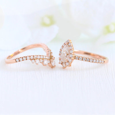 Tiara Halo Pave Bridal Set With Pear Moissanite and Tiara Diamond Band