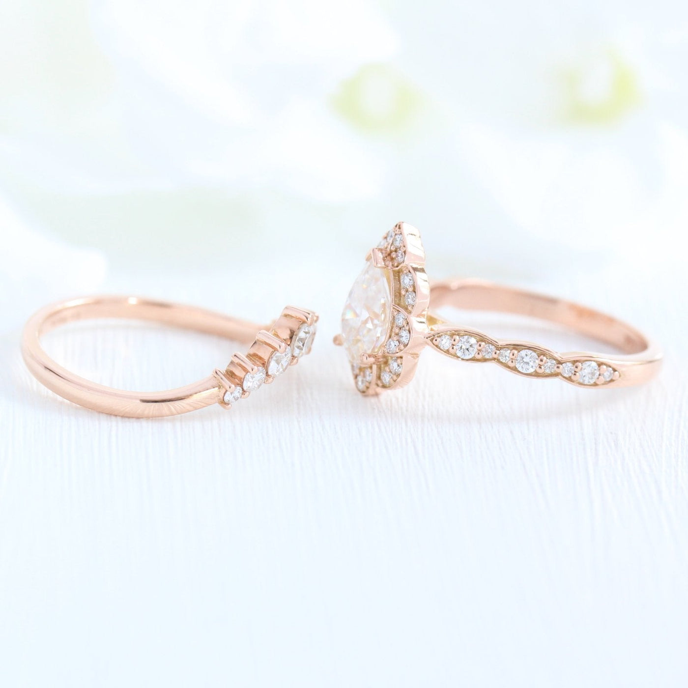 Pear Cut Moissanite Ring With Curve Diamond Band